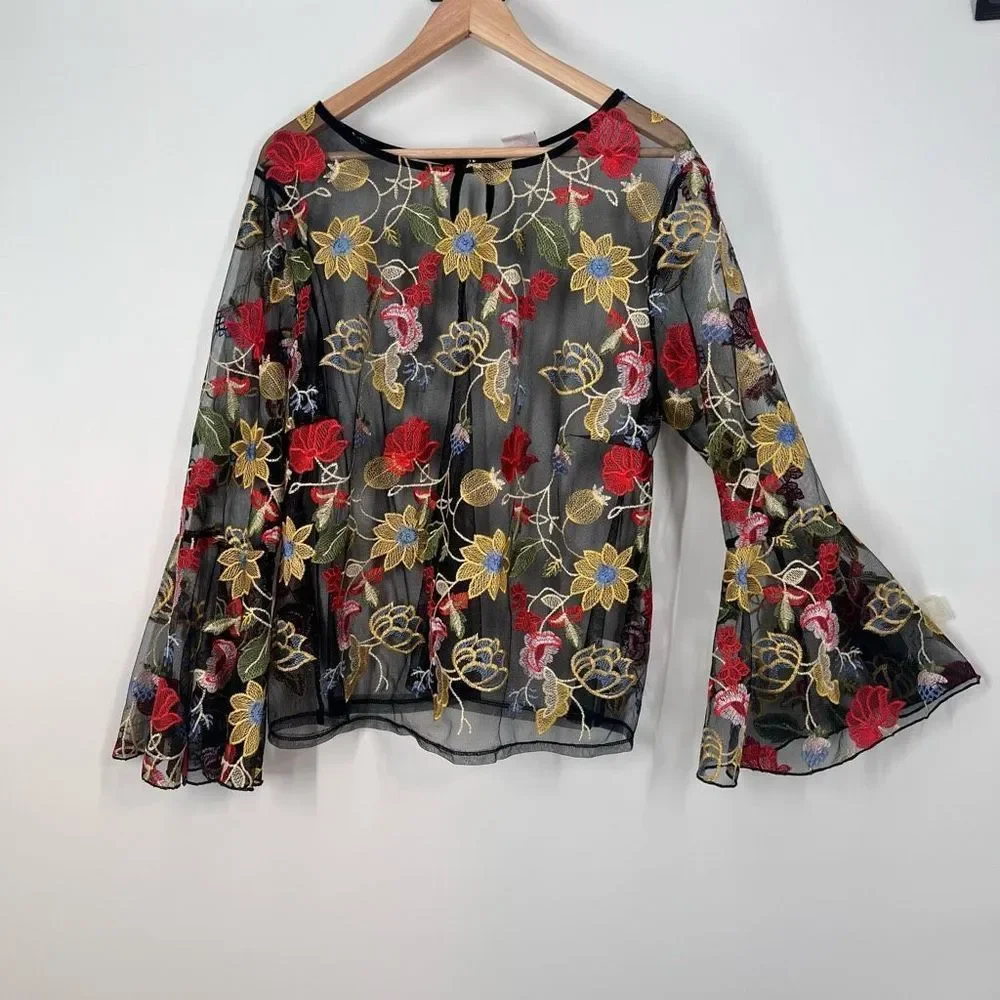 Impulsive Sheer Embroidered Floral Top - Picture 4 of 11